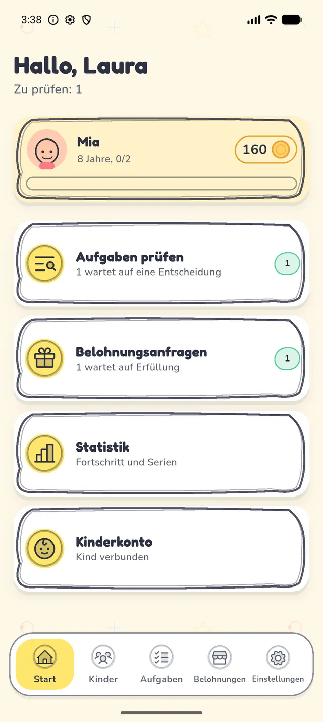 Die Kudobee-Aufgaben-App für Kinder mit der morgendlichen Aufgabenliste eines Kindes und den Münzen, die es für jede Aufgabe verdient