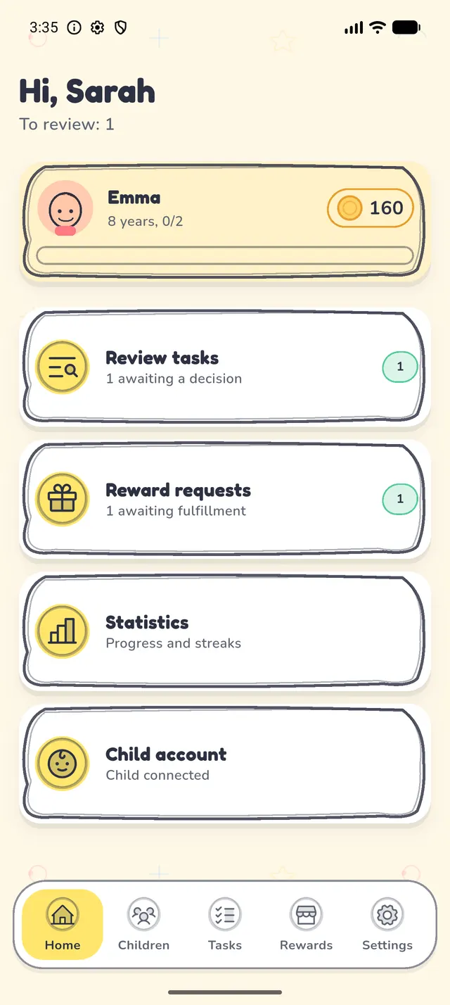 The Kudobee kids' chore app showing a child's morning chore list with coins earned for each task