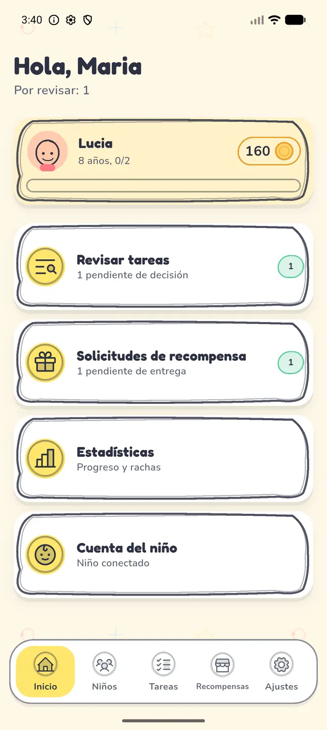 La app de tareas Kudobee mostrando la lista de tareas de la mañana de un niño, con las monedas que gana por cada tarea