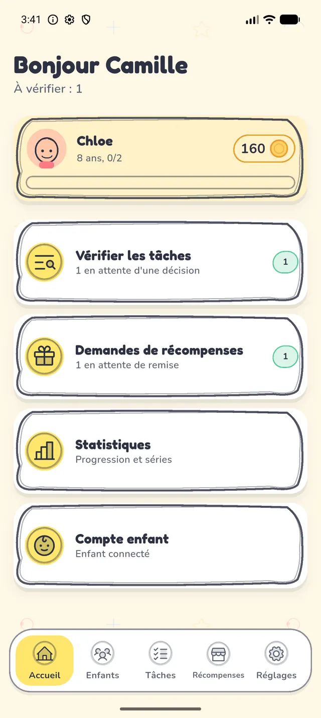 L'appli de tâches Kudobee pour enfants affichant la liste des corvées du matin d'un enfant, avec les pièces gagnées pour chaque tâche.