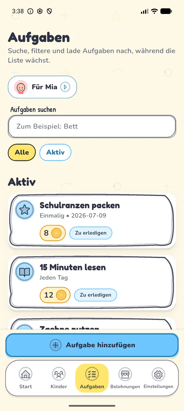 Die Kudobee-Aufgaben-App für Kinder mit der morgendlichen Aufgabenliste eines Kindes und den Münzen, die es für jede Aufgabe verdient