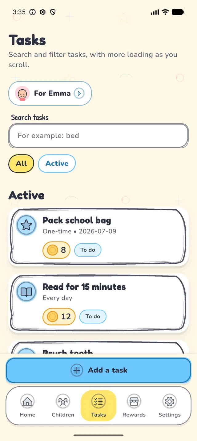 The Kudobee kids' chore app showing a child's morning chore list with coins earned for each task