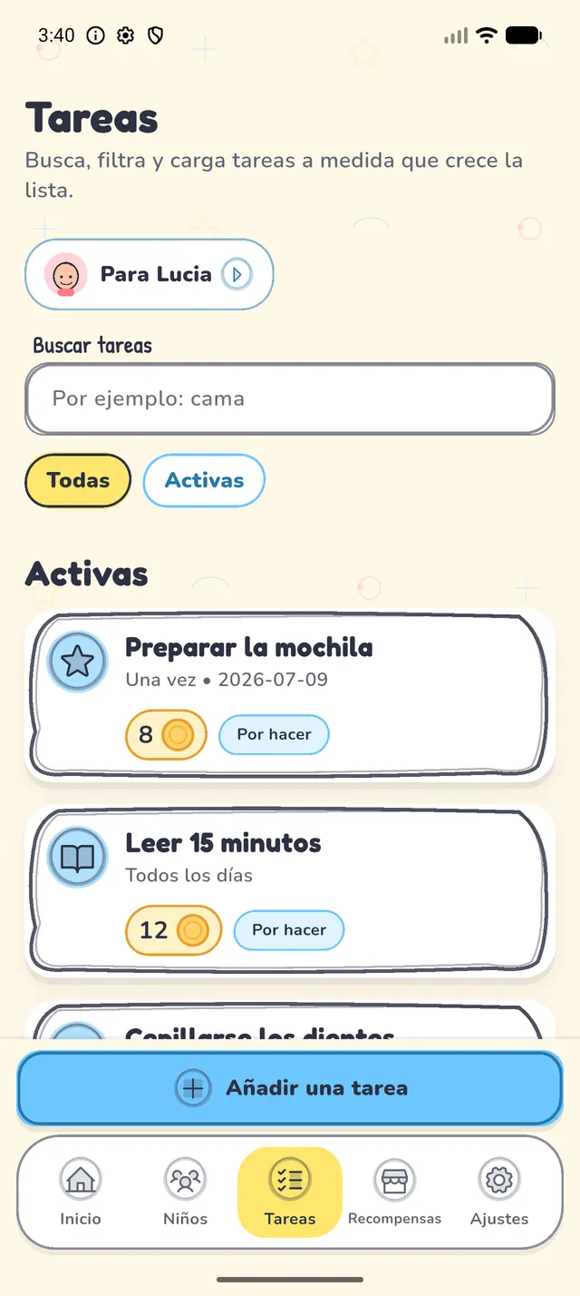 La app de tareas Kudobee mostrando la lista de tareas de la mañana de un niño, con las monedas que gana por cada tarea