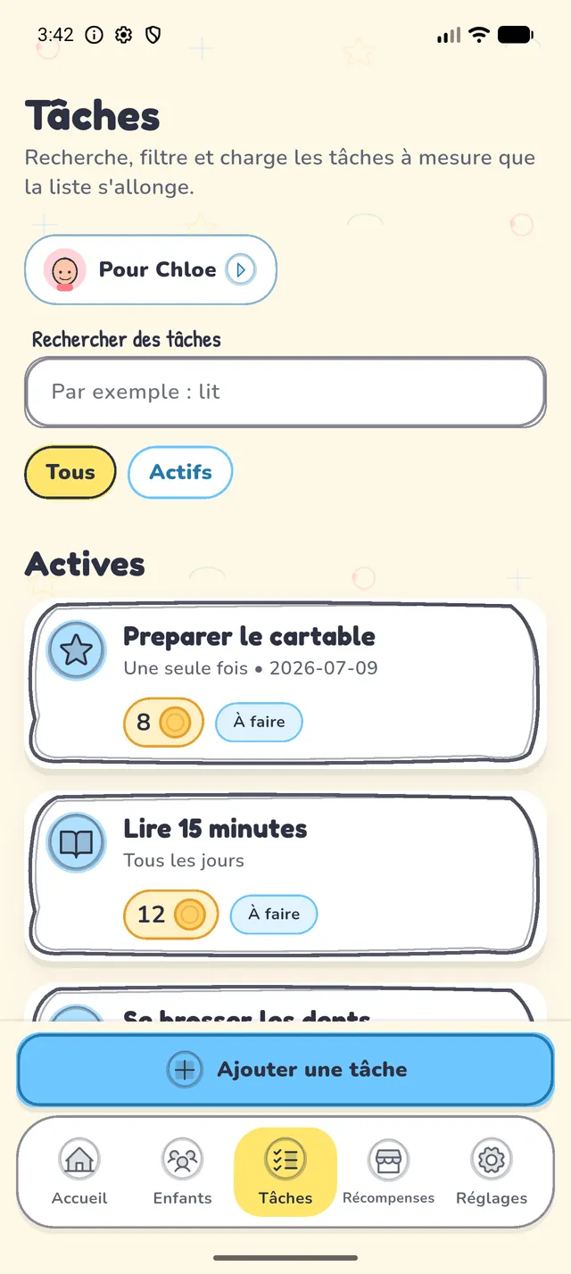 L'appli de tâches Kudobee pour enfants affichant la liste des corvées du matin d'un enfant, avec les pièces gagnées pour chaque tâche.