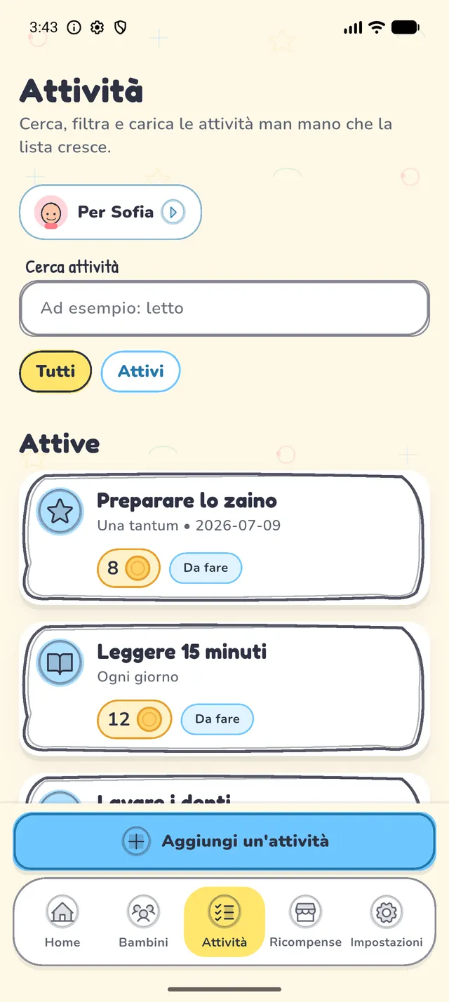 L'app di faccende Kudobee che mostra la lista delle faccende del mattino di un bambino, con le monete guadagnate per ogni attività