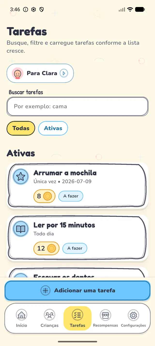 O app de tarefas Kudobee mostrando a lista de tarefas da manhã de uma criança, com as moedas ganhas em cada tarefa